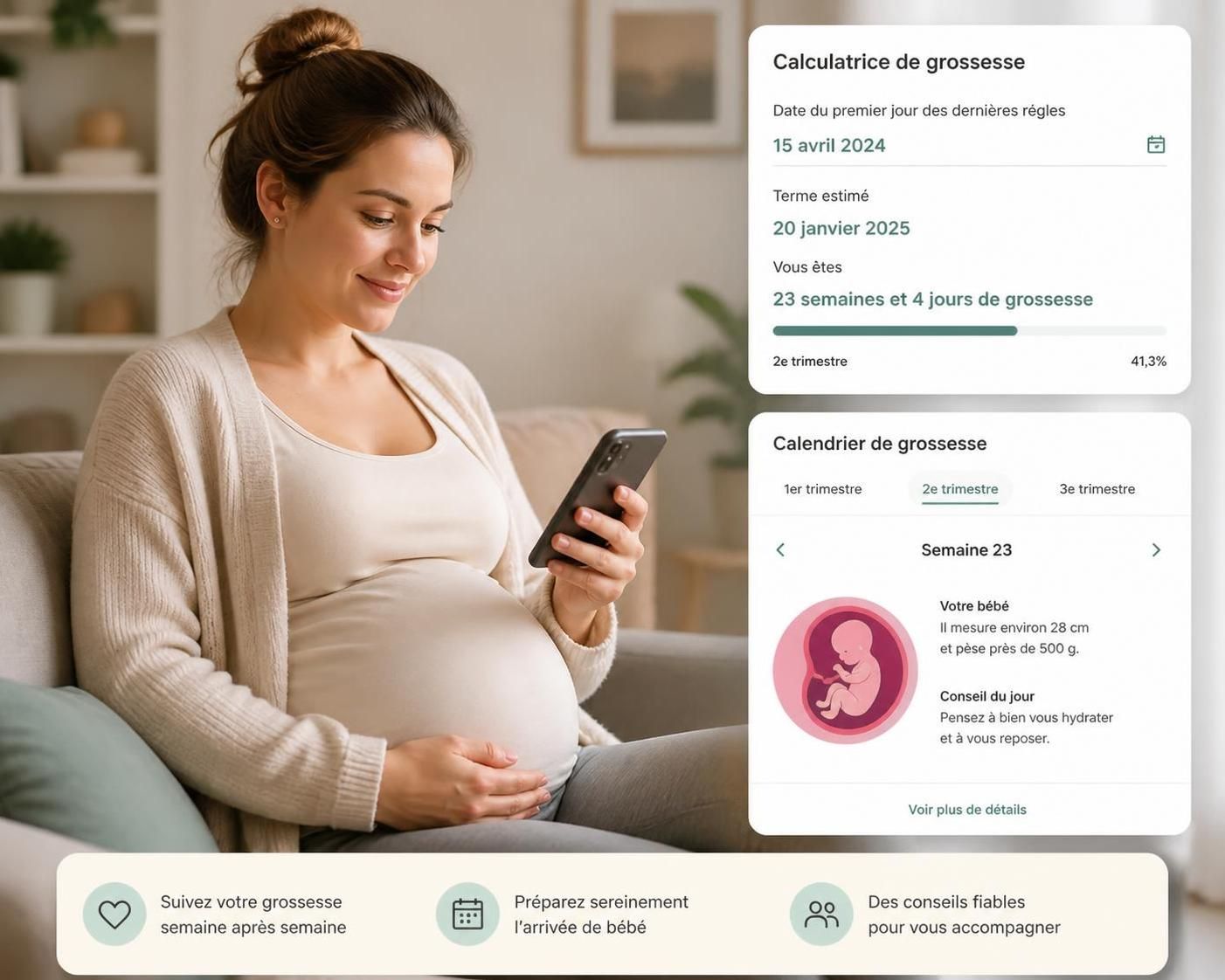 utilisez notre calculatrice de grossesse semaine par semaine pour suivre facilement le développement de votre bébé et rester informée tout au long de votre grossesse.