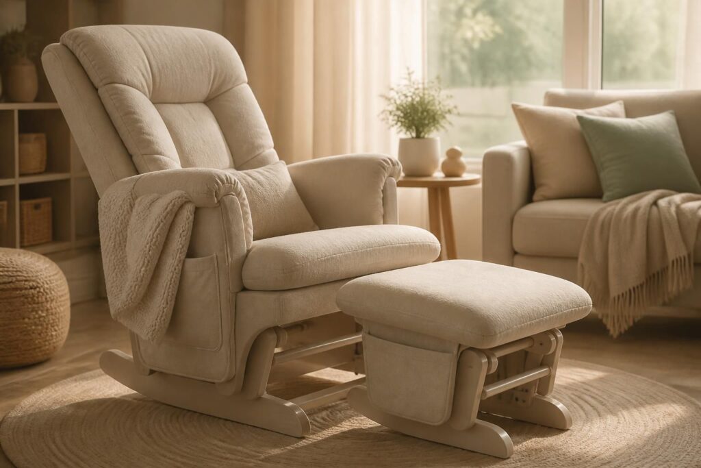 découvrez notre fauteuil d'allaitement à bascule avec repose-pied, conçu pour offrir un confort optimal et un bien-être maximal aux mamans pendant les moments précieux de l'allaitement.