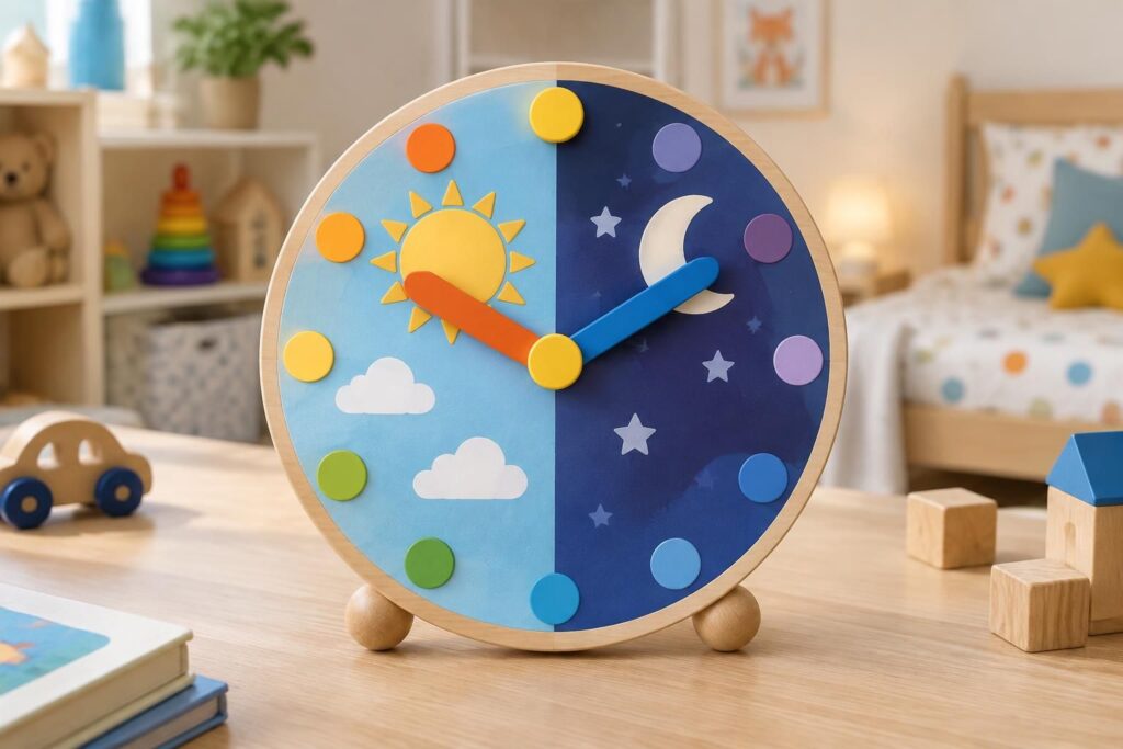 aidez votre enfant à apprendre l’heure facilement grâce à une horloge éducative avec repères jour et nuit, idéale pour comprendre le temps en s’amusant.